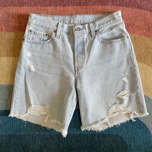 Levis 501 90’s distressed mid length denim shorts